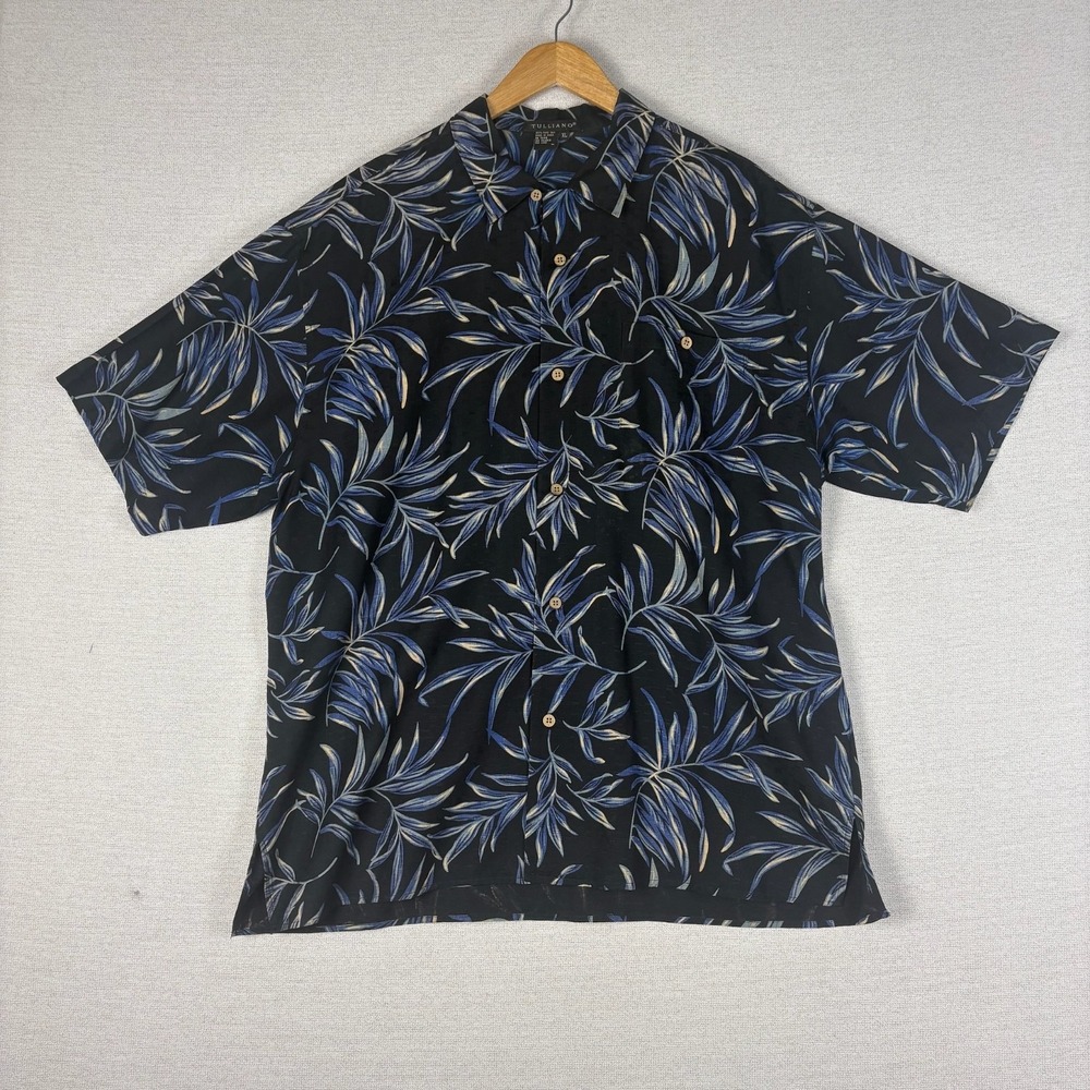 Vtg 90s Tulliano Button Up Mens XL Silk Short Sleeve Hawaiian Botanical Cabana